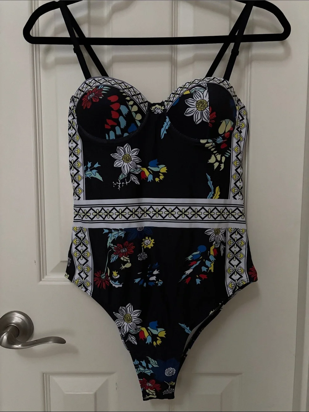 SHEIN Black Floral One-Piece Swimsuit with Contrast Trim